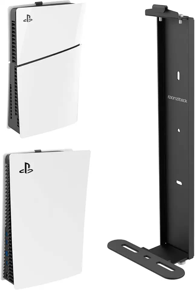 Monzlteck Suporte de parede para PS5 Slim/PS5 Pro - Suporte de parede de aço para PS5 Original e PS5 Slim/Pro (digital e disco), resistente e não cai, + 1 suporte de controle