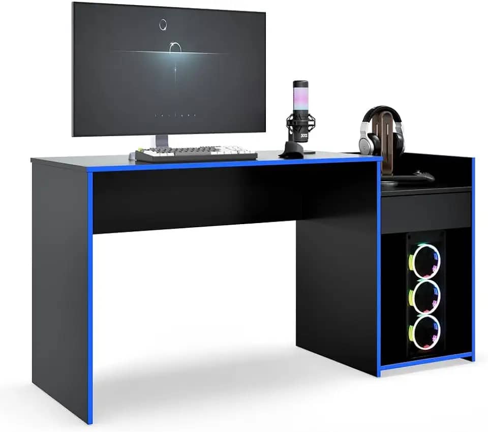Mesa para Computador Pc Gamer Com Gaveta Nicho Escrivaninha Eros (Preto/Azul)