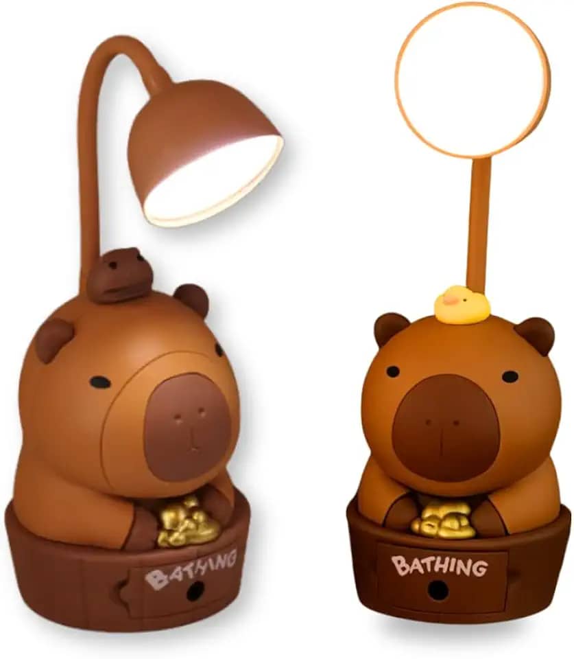 Luminária de Mesa Capivara Infantil com Apontador de Lápis – Luz Noturna para Estudo e Decoração – Recarregável via USB – Quarto de Criança - Presente Criativo e Decorativo