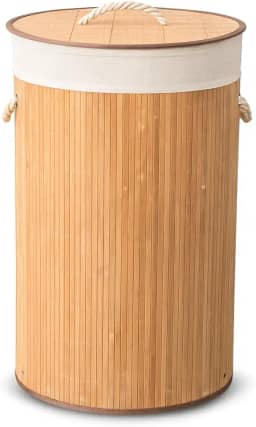 Cesto de Roupa Suja Redondo em Bambu com Tampa e Forro Removível 50L – Cesto Organizador para Lavanderia, Banheiro e Quarto – Dobrável, Ecológico, Moderno e Resistente