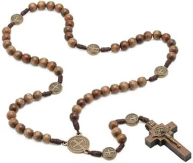 Terço Cordão São Bento 8 mm Madeira Imbuia Marrom Ouro Velho Adulto Unissex