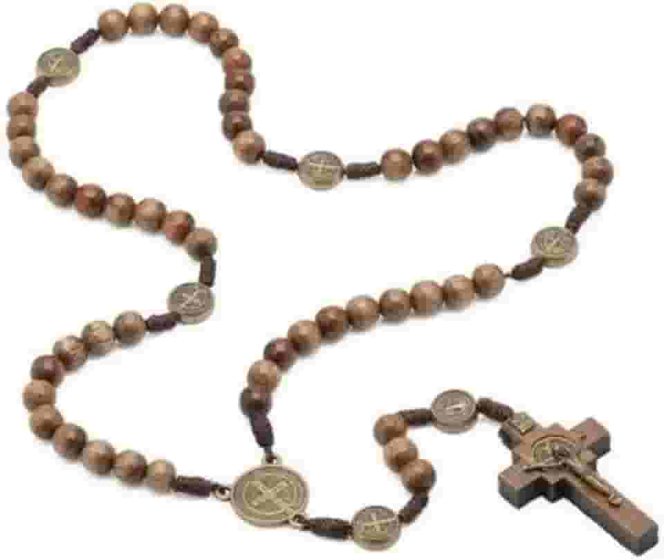 Terço Cordão São Bento 8 mm Madeira Imbuia Marrom Ouro Velho Adulto Unissex