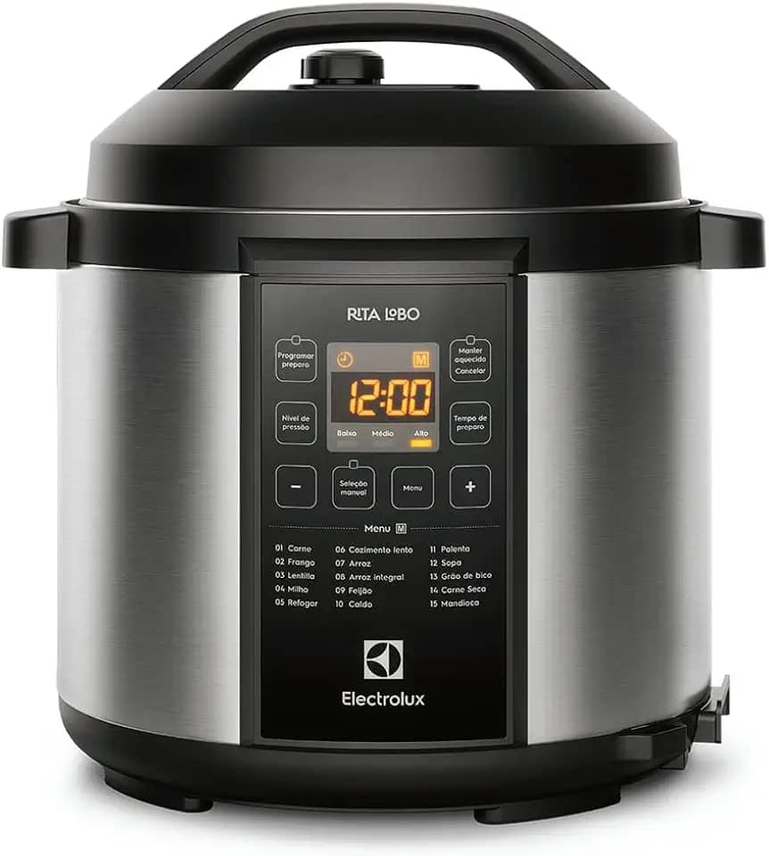 Panela pressão elétrica Electrolux digital capacidade 6L silenciosa segura 10 travas segurança 15 receitas pré-programadas 3 níveis pressão PCC20 inox preto 127v por Rita Lobo