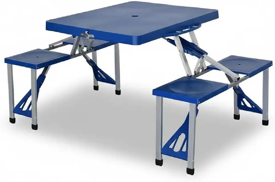 Mesa Dobrável Portátil de Camping com 4 Bancos, Azul, Alumínio, 85x65cm, Compacta em Maleta, para Praia e Piquenique