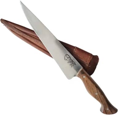 Faca Churrasco Artesanal FACAS FR Aço Carbono Full Tang com Cabo de Madeira Nobre e Bainha de Couro - Corte Preciso e Durabilidade Superior