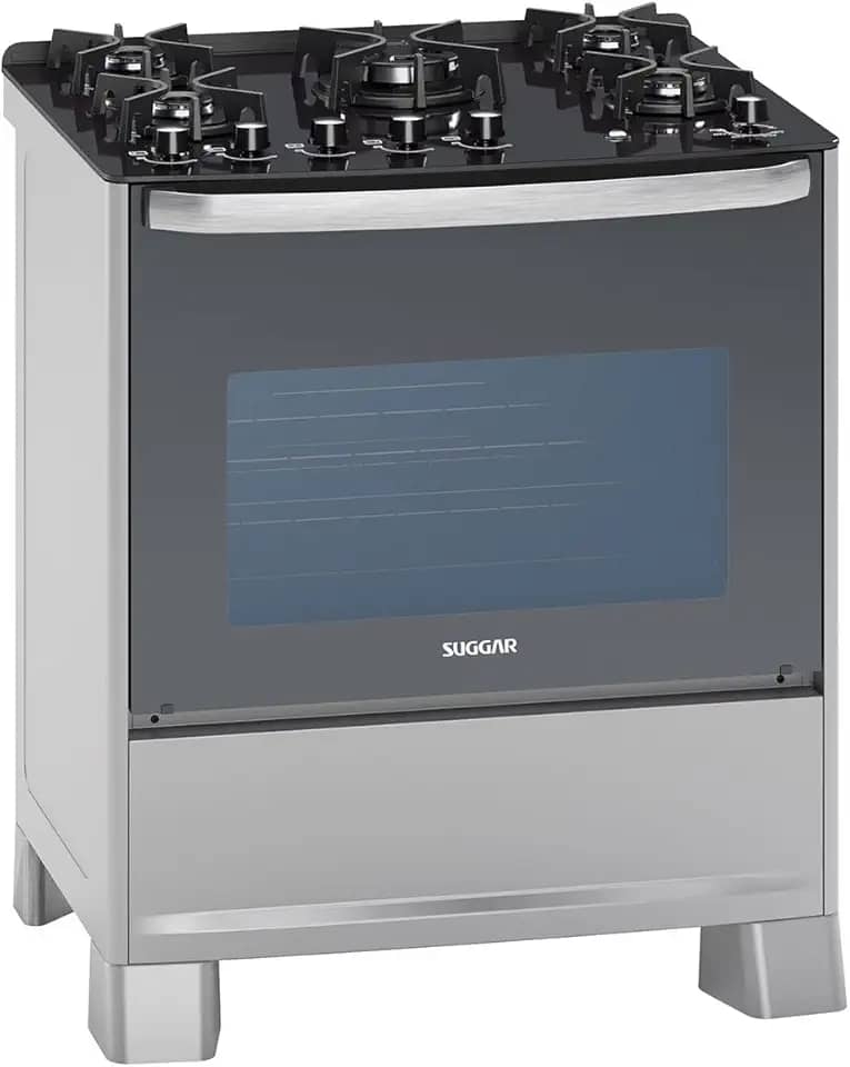 SUGGAR FOGÃO MASTER GRILL PRATA MESA DE VIDRO 5 BOCAS TRIPLA CHAMA GRILL 110V TREMPE FERRO FUNDIDO ACENDIMENTO SUPERAUTOMÁTICO FGVMTG511PRIX