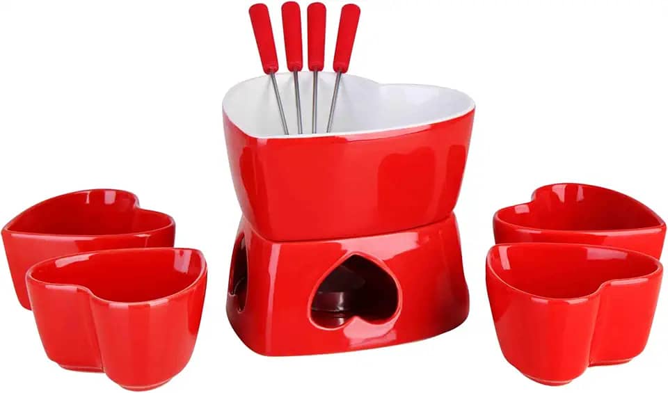 Conjunto para Fondue Cerâmico Vermelho, 500ml, 10 Peças, Design Coração, 4 Ramequins e 4 Garfos