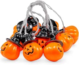 Pisca-Pisca LED Halloween Jack O’Lantern – Enfeite Decorativo Abóboras com Chapéu de Bruxa, Luz Alaranjada, Cordão Ligação Macho e Fêmea para Festa, Varanda, Jardim e Ambientes Internos