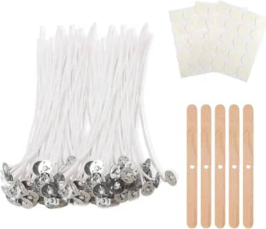 Kit para Fabricação de Velas, 100 Pavios de Algodão com Sustentadores, Adesivos e Palitos de Madeira