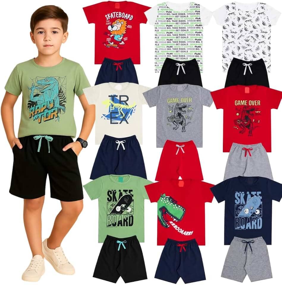 Kit Sortido 10 Peças de Roupas Infantil Menino Kit 5 Conjuntos Infantil (5 Camiseta + 5 Shorts)