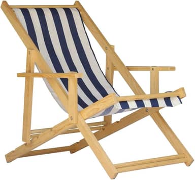 Espreguiçadeira Reclinável Com Braço em Madeira Maciça Natural – Para Jardim, Varanda e Área Externa, Tecido Removível (Listrado Azul e Branco)
