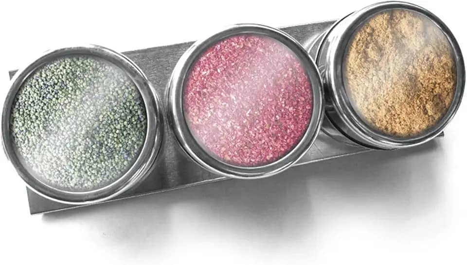 Kit Porta Temperos Magnéticos com Base Inox - Suporte para 3 Potes com Tampa Transparente e Imã.