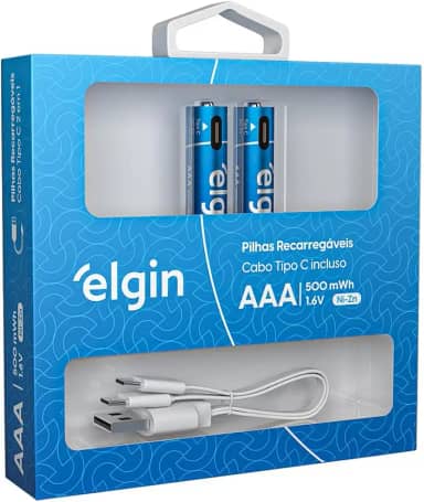 Pilha AAA Palito Recarregável Elgin - USB-C Integrado, 2 Unidades
