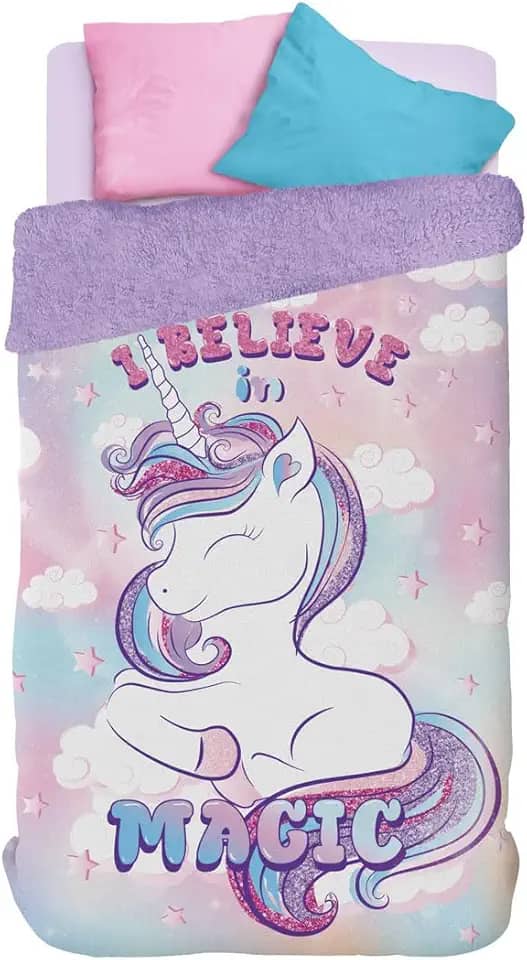 Edredom com Sherpa Solteiro Estampado Unicórnio 1,50 m x 2,20 m Com 1 peça - Produto Importado