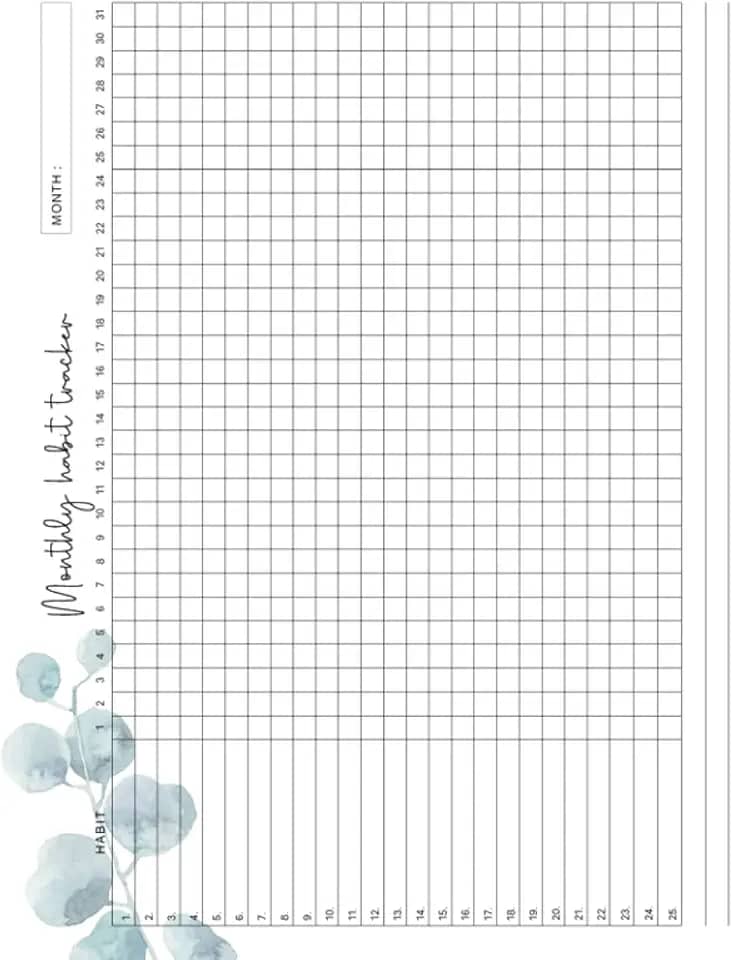 Monthly Habit Tracker: Undated 109 Month with Spaces for 25 Daily Habits Beautiful Watercolor Green Leaves