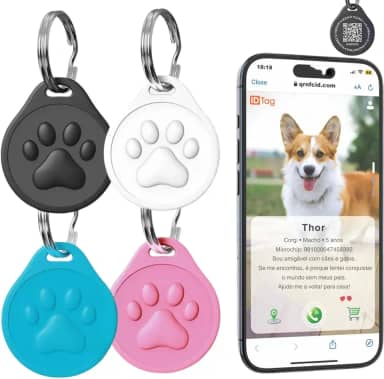 Tag de Identificação Pet com QR Code, Plaquinha Inteligente para Coleira, 4 Cores, Sistema Online Gratuito