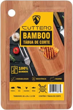 Tábua de Corte Cuttero em Bamboo (30 x 20 cm) - Espessura Robusta, Canaletas para Líquidos, Alça de Fácil Manuseio