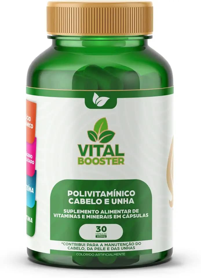 VitalBooster Polivitamínico Cabelo e Unha ANVISA - 19 Vitaminas + L-Cisteína + Zinco Quelado, Combate Caspa, Crescimento Capilar, Biotina 45mcg - 30 Cápsulas