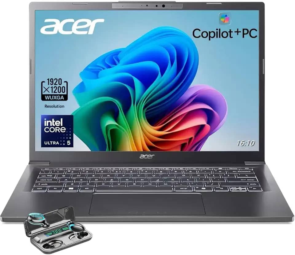 acer Notebook Aspire 14, tela WUXGA de 14 polegadas (1920 x 1200), Intel Ultra 5-226V, AI Copilot+PC, 16 GB LPDDR5X RAM, SSD de 512 GB, Windows 11 Home, cinza, TWE fones de ouvido sem fio