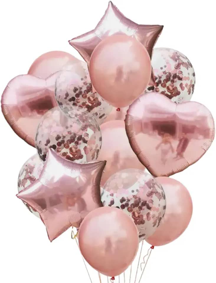 Kit Buquê de Balões Metalizados 14 Peças para Festa – Decoração de Aniversário, Amor, Casamento ou Dia dos Namorados (ROSE GOLD)