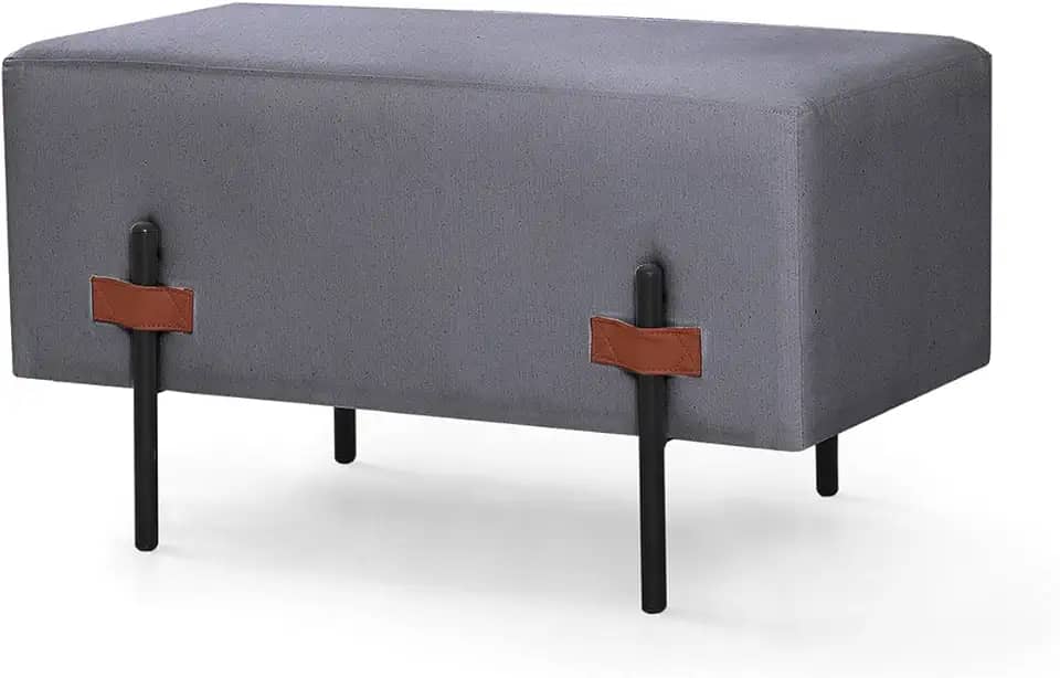 Puff Recamier Retangular Durhan Industrial de Linho Detalhe em Couro (Chumbo)