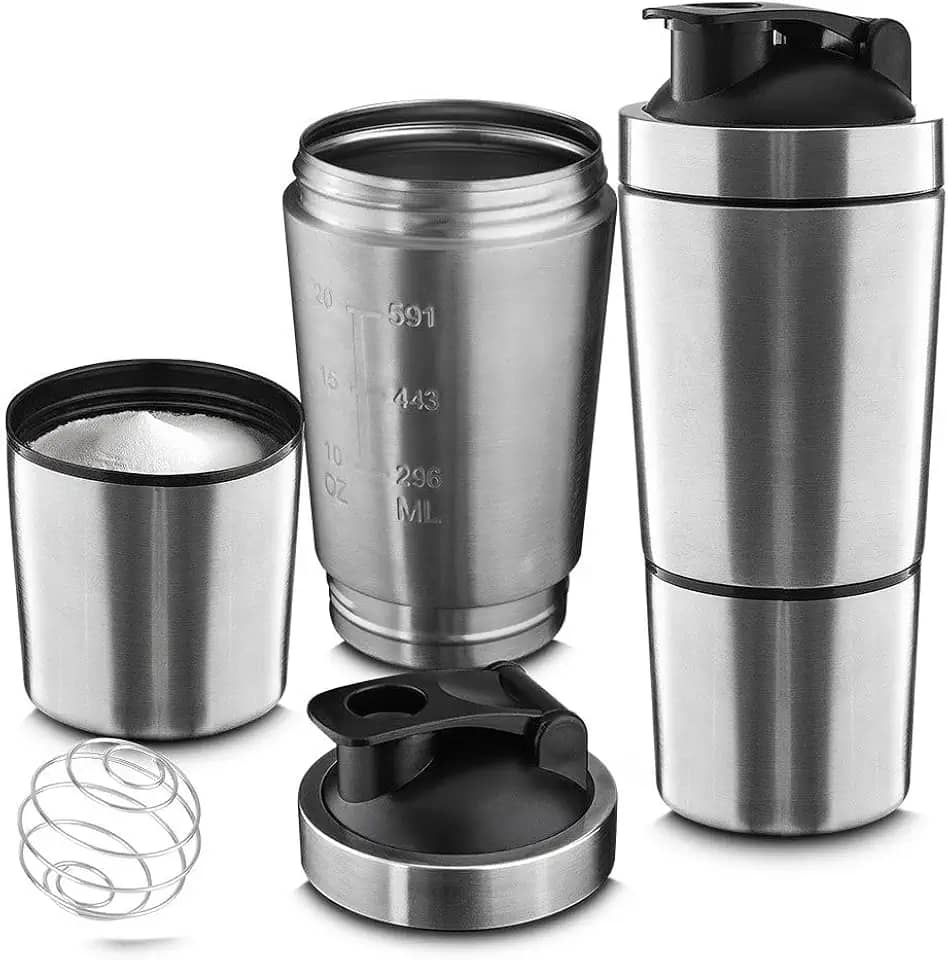 Garrafa Coqueteleira 750ML Aço Inoxidável Shake Gym, Resistente a Quedas e Capacidae Versátil Com Copo Adicional De 200ML, Mola Para Mistura e Medidor Gravado Para Dosagem De Suplementos