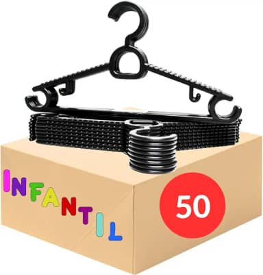 Kit Cabide Infantil Para Roupas 50 unidades (Preto) | Cabide Antideslizante Reforçado Multiuso | Contém Porta Lenço, Gancho para Vestidos| Cabides para Calças, Casaco, Camisetas, Bermudas | CSCABIDES