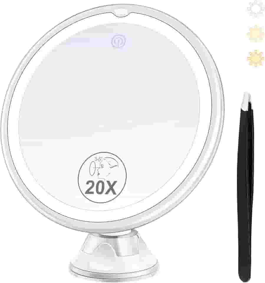 B Beauty Planet Espelho de aumento com luz, espelho de aumento iluminado 20X com ventosa e pinça