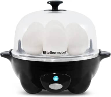 Elite Gourmet Egc-007B# Panela De Cozimento Rápido Para Ovos, 7 Ovos Cozidos Fáceis De Descascar, Duros, Médios E Moles, Escalfador, Omeleteira, Desligamento Automático, Alarme, Livreto Com 16 Rece