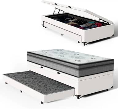 Bicama Box Baú Solteiro com Colchão Espuma D33 Pillow In Anjos Ortosleep + Auxiliar Unique 88cm (Branco)