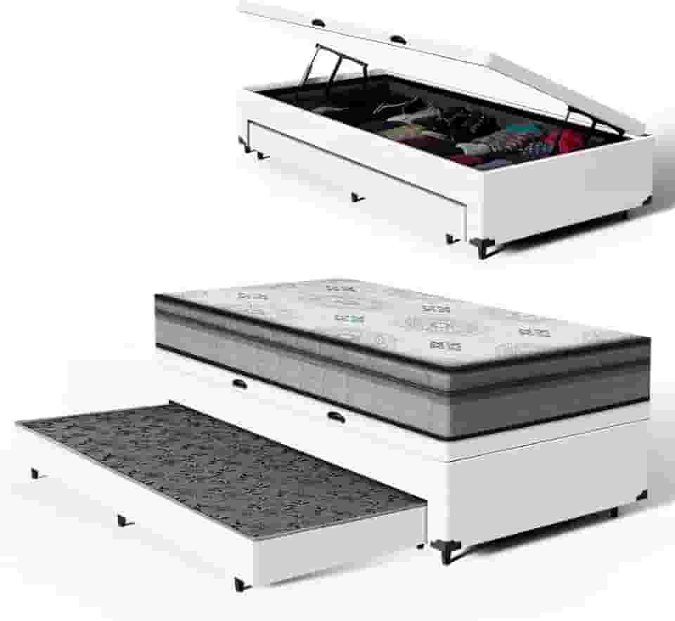 Bicama Box Baú Solteiro com Colchão Espuma D33 Pillow In Anjos Ortosleep + Auxiliar Unique 88cm (Branco)