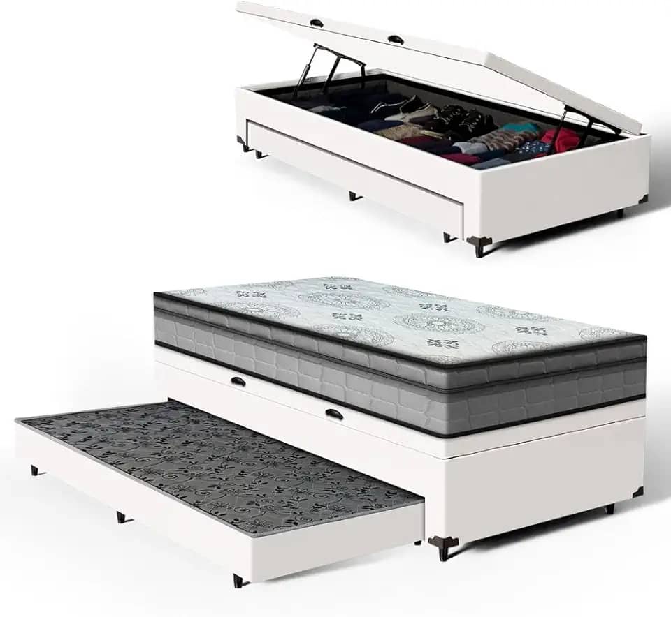 Bicama Box Baú Solteiro com Colchão Espuma D33 Pillow In Anjos Ortosleep + Auxiliar Unique 88cm (Branco)
