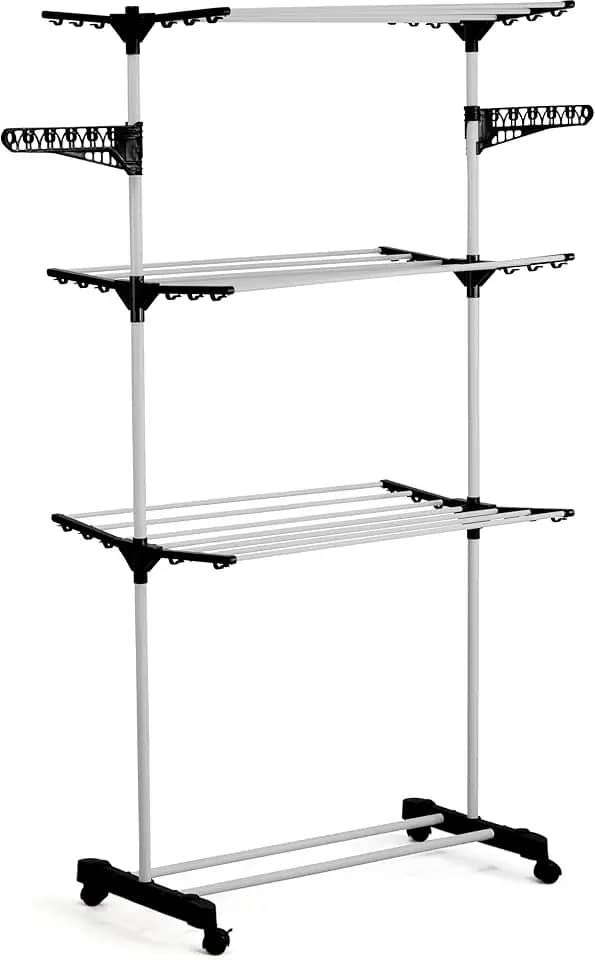 Varal De Chão 3 Andares Para Roupas Regulável Dobrável Retrátil com Rodinhas Premium