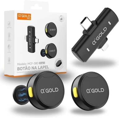 Microfone Lapela Sem Fio Profissional Bluetooth com Cancelamento de Ruido. Compatível com IOS e Android, 2 microfones, Gravação, Lives, Entrevistas e Conteúdo Digital, Resistencia água IPX4 - Premium