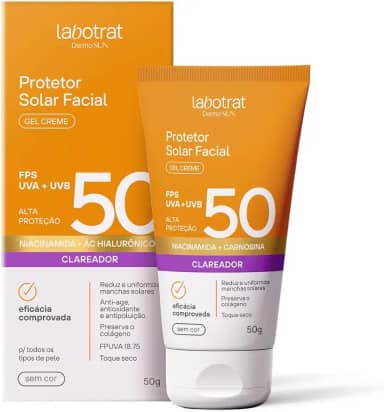 Protetor Solar Facial FPS 50 Gel Creme Clareador Sem Cor Labotrat Dermo Sun 50g – alta proteção UVA/UVB, defesa luz azul e infravermelhos, niacinamida, vitamina E, carnosina, toque seco matte, acabamento invisível, uso diário para todos os tipos de pele