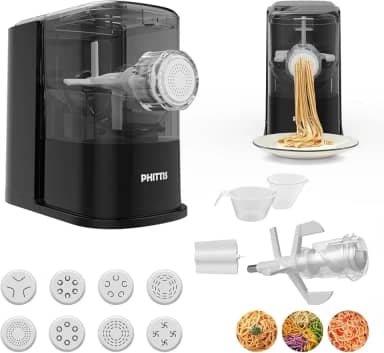 PHITTIS Máquina elétrica de massa, máquina automática de massas elétrica com 8 discos para espaguete, fettucine e muito mais, máquina de macarrão fácil de limpar com copo medidor, raspador de limpeza