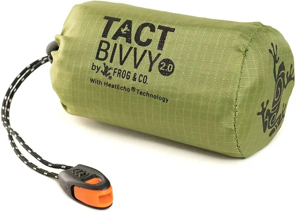 Saco de dormir de emergência Tact Bivvy 2.0, compacto ultra leve, à prova d'água, capa térmica para saco de bivy, kit de sobrevivência para abrigo de emergência – com saco de coisas, mosquetão, apito de sobrevivência + ParaTinder