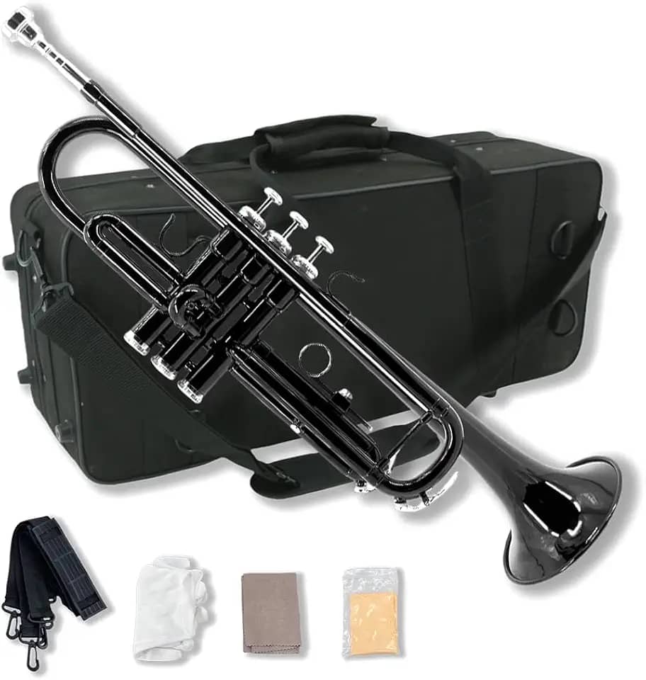 Conjunto de trompete estudantil para iniciantes, instrumentos de trompete de latão, plano B, com bocal 7C, pano de limpeza, luvas e estojo de transporte rígido (preto)