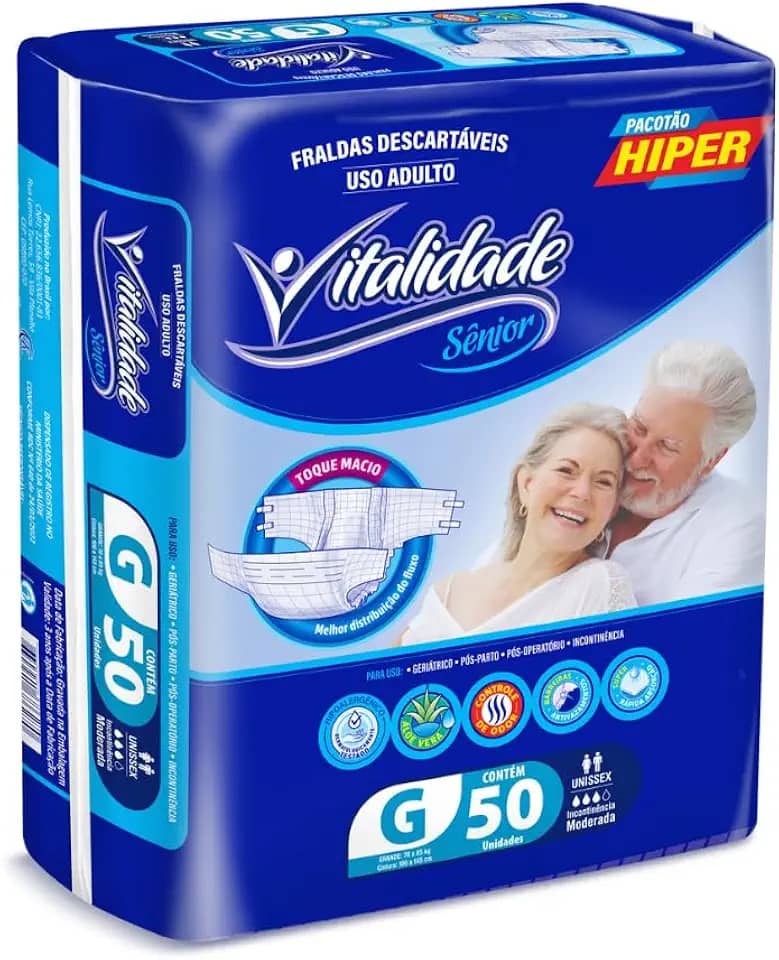 Fralda Descartável Adulto Geriátrica Vitalidade Sênior Incontinência Fita G 50 Unidades