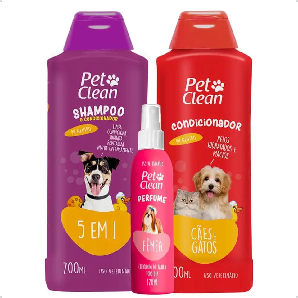 Kit Banho e Tosa Pet Shop Shampoo 5 Em 1 700ml + Creme Condicionador 700ml + Perfume 120ml Cães E Gatos Pet Clean - Fêmea