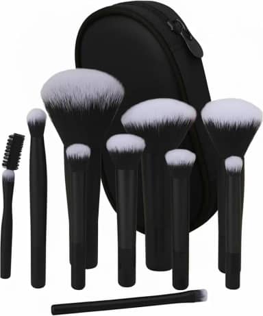 Kit 10 Pincéis de Maquiagem Profissional com Estojo, Cerdas Sintéticas Macias para Base, Pó, Blush e Sombra, Completo para Iniciantes, Portátil para Viagem e Presente (Preto)