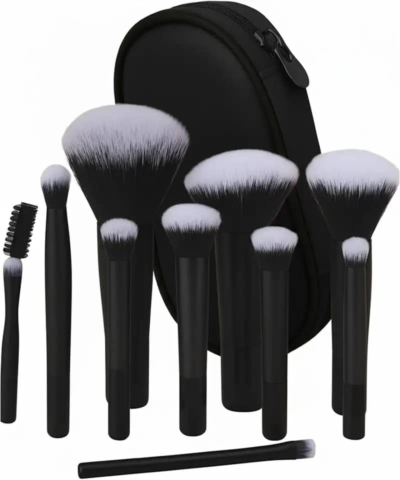 Kit 10 Pincéis de Maquiagem Profissional com Estojo, Cerdas Sintéticas Macias para Base, Pó, Blush e Sombra, Completo para Iniciantes, Portátil para Viagem e Presente (Preto)