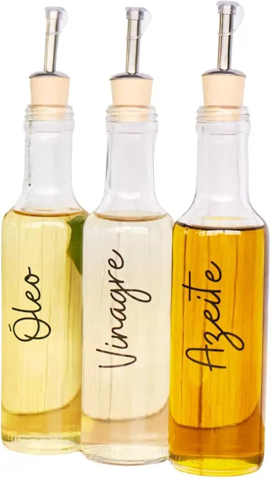 Kit 3 Galheteiros de Vidro para Azeite, Vinagre e Óleo, com Bico Dosador e Etiquetas Decorativas