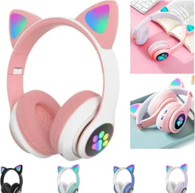Fone De Ouvido Com Orelha de Gatinho Infantil Headphone Bluetooth com Luzes RGB nas orelhinhas e patinhas para crianças tamanho ajustável dobrável (Rosa/Branco)