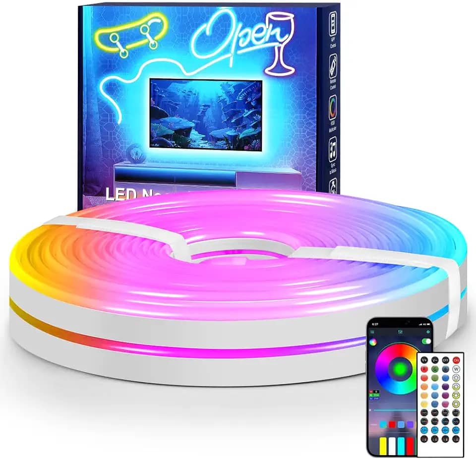 Led Neon 10m Rgb, Fitas de Luz Néon, Luzes de Corda Neon de 10m, Controle de Luzes Corda de LED Flexível com Aplicativo Remoto, Vários Modos de Sincronização Música, Luzes de Néon RGB para Quarto