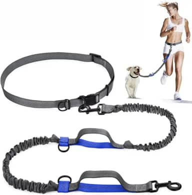 Guia Coleira Cinto Mãos Livres Para Cintura Cachorro Pet Cão Cães Resistente Elástica Corrida Passeio Caminhada Ajustável (Preto com azul)