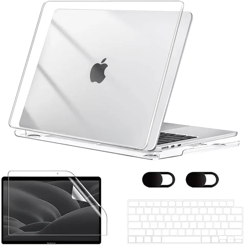 Capa para Macbook New Air 13,6'' A2681 (M2) 2022/A3113(M3) 2024/A3240(M4) 2025, Com Película de Teclado e Película de Tela Hidrogel, Película de Privacidade para Lente (Transparente Cristalino)