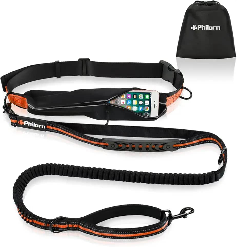 PHILORN Coleira de cachorro mãos livres para corrida, corrida | Costura reflexiva, cinto ajustável (61 cm a 119 cm), bolsa de telefone, alça dupla com elástico de absorção de choque (119 cm a 170 cm