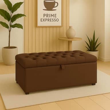 Puff Baú Pé De Cama 90 Cm Sued Capitone Armazenamento Quarto Decorativo Confortável(Marrom,Tampa Capitonê 4 cm De Altura)