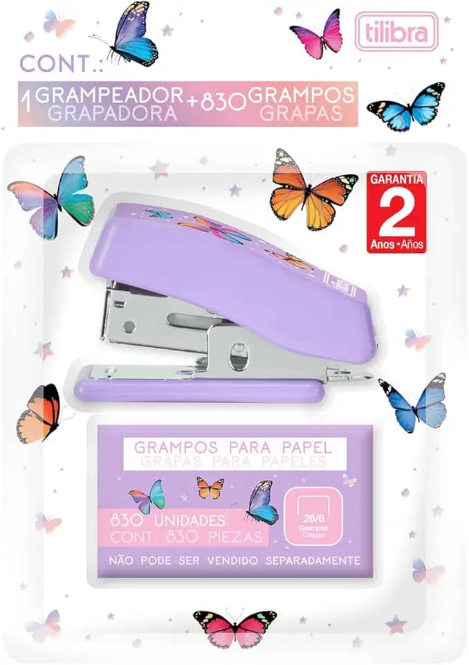 Tilibra - Grampeador 12 Folhas Mini com Extrator Borboleta + 830 Grampos
